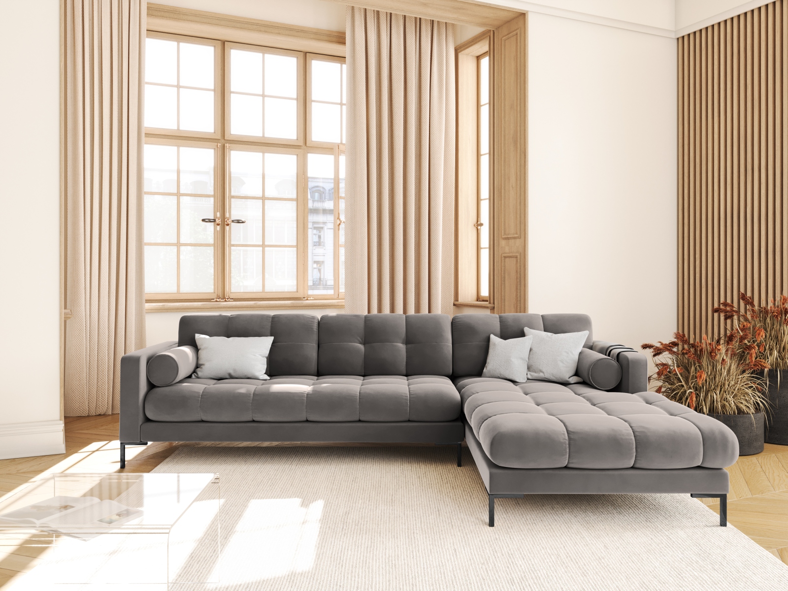 Cosmopolitan Design Ecksofa Bali 5-Sitzer Samt Bluvel Hellgrau Rechts Beine Schwarzes Metall