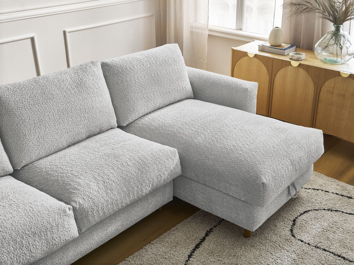 Bobochic Cocoone Ecksofa mit Schlaffunktion und Bettkasten Bouclé-Stoff Hellgrau, Liegefläche 160 × 200 cm