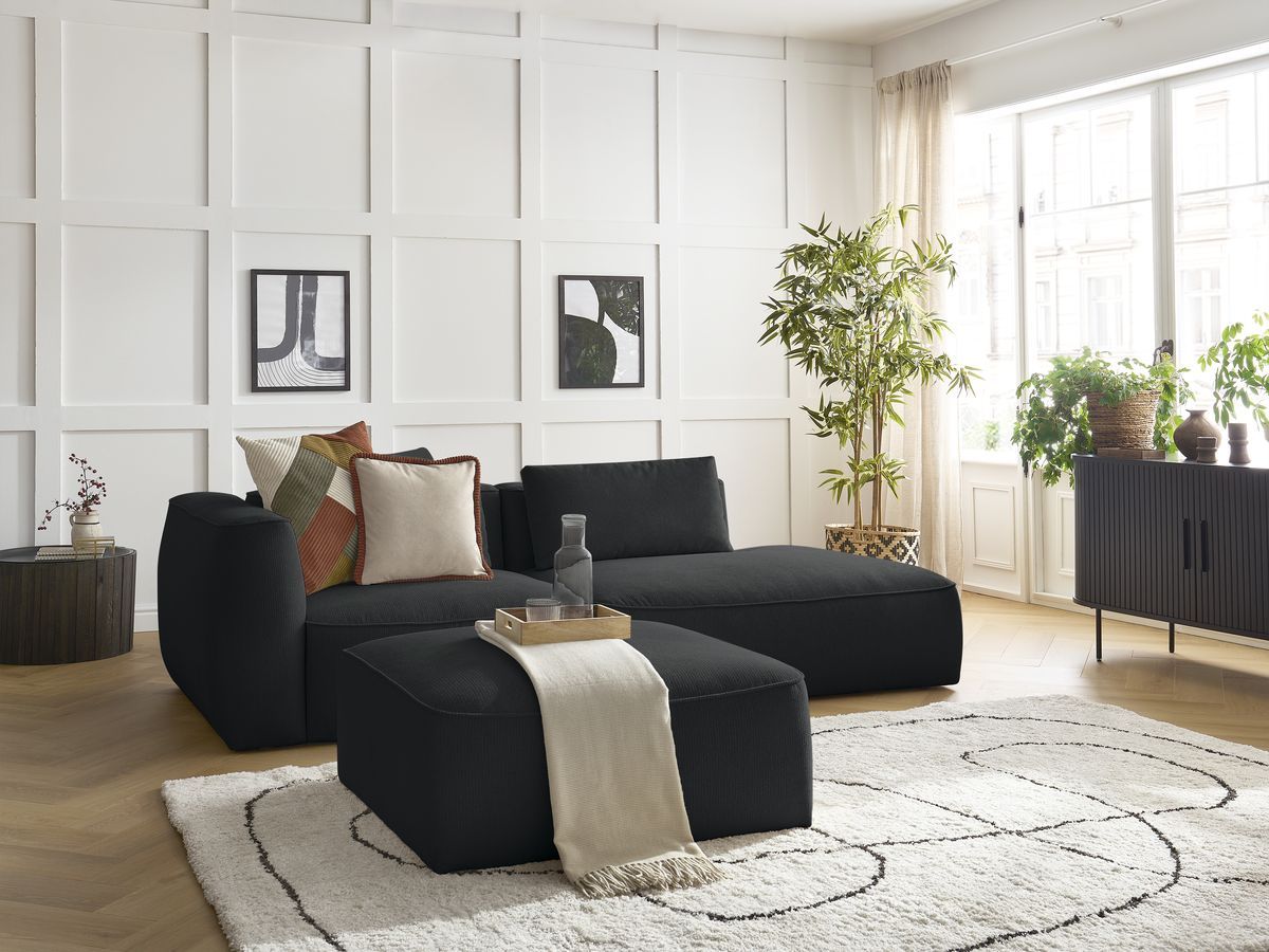 Bobochic Leopold Sofa 4-Sitzer mit Pouf Melange-Stoff Schwarz Armlehne links