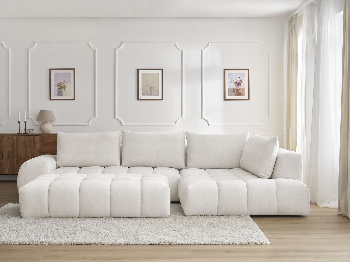Bobochic Everest Ecksofa mit Schlaffunktion und Pouf, 4 Kissen Strukturstoff Weiß Ecke rechts
