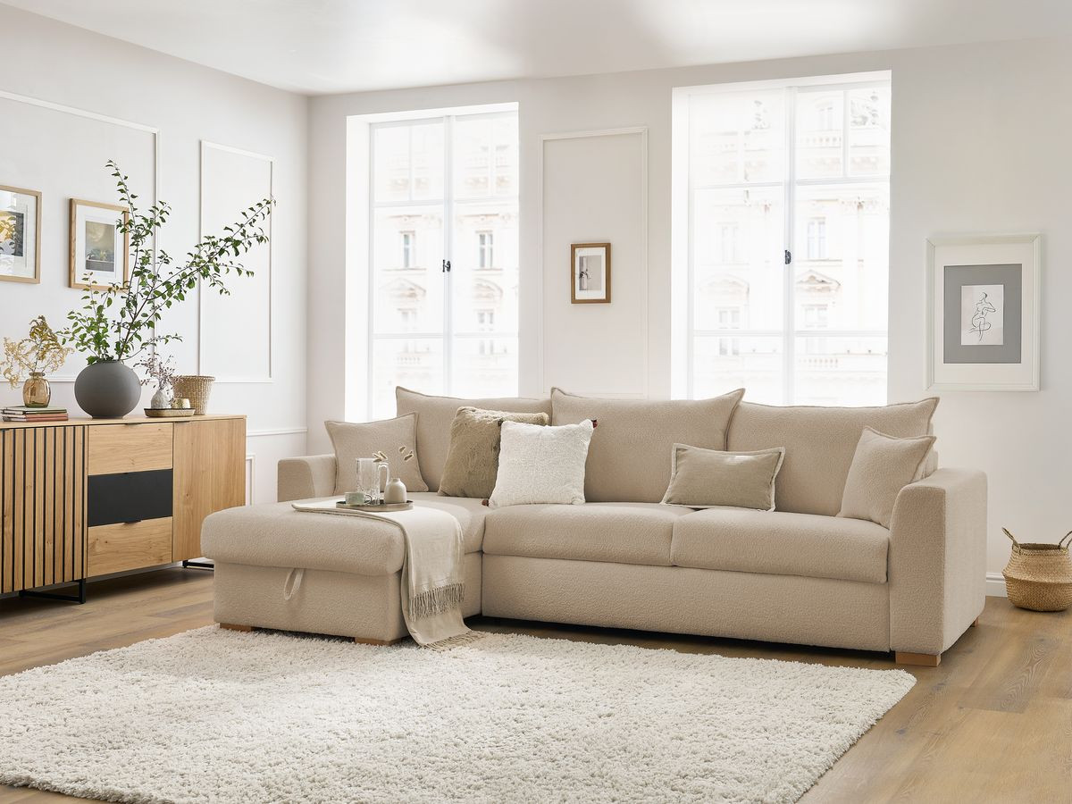Bobochic Augustin Ecksofa mit Schlaffunktion und Bettkasten Bouclé-Stoff Beige, Liegefläche 140 × 200 cm