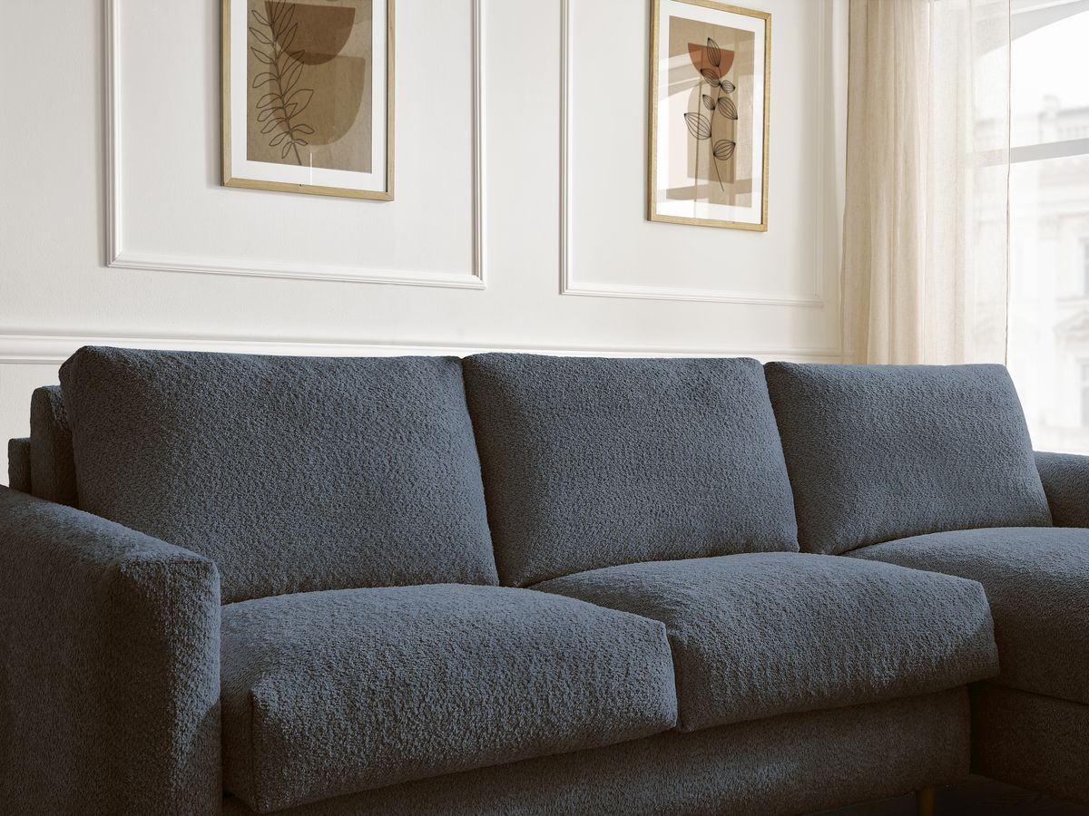 Bobochic Cocoone Ecksofa mit Schlaffunktion und Bettkasten Bouclé-Stoff Dunkelblau, Liegefläche 160 × 200 cm