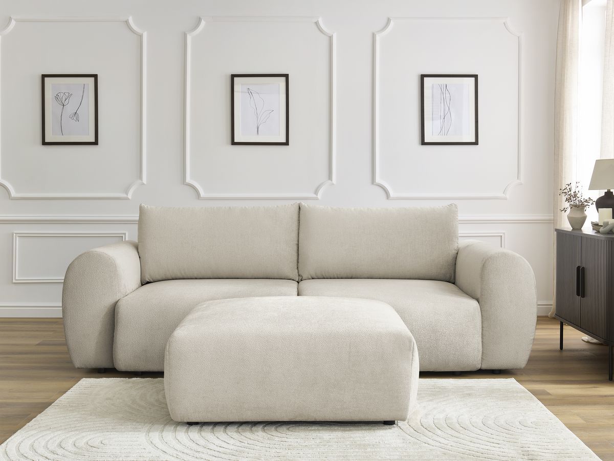 Bobochic Lucien Schlafsofa 4-Sitzer mit Bettkasten und Pouf Stoff Beige