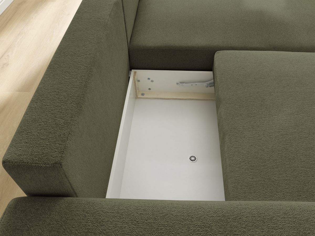 Bobochic Atilla Ecksofa mit Schlaffunktion und Bettkasten Melange-Stoff Grün Ecke rechts