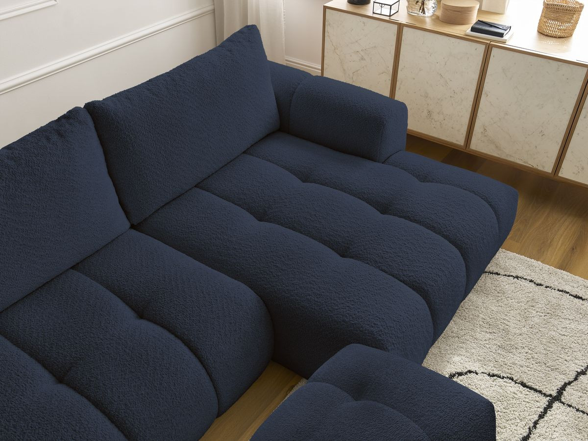Bobochic Fuji Ecksofa mit Schlaffunktion und Bettkasten und Pouf 292 × 160 cm Bouclé-Stoff Dunkelblau Ecke rechts