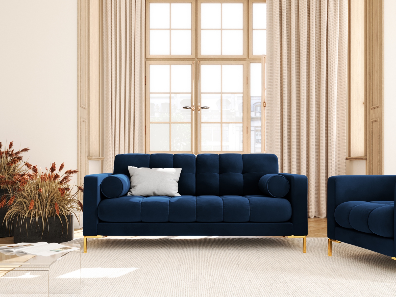 Cosmopolitan Design Sofa Bali 2-Sitzer Samt Bluvel Königsblau Beine Gold