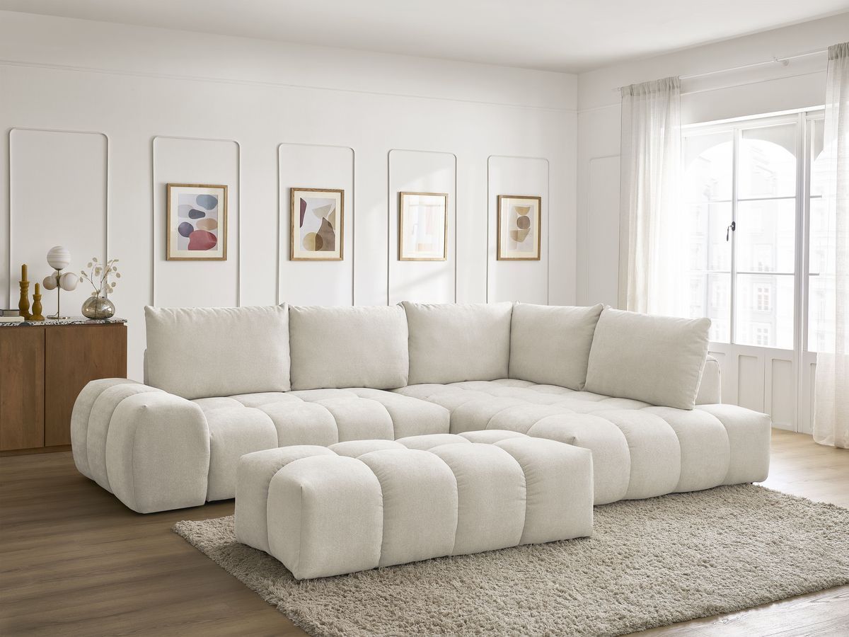 Bobochic Everest Ecksofa mit Schlaffunktion und Bettkasten und Pouf 320 × 212 cm, 5 Kissen Strukturstoff Beige Ecke rechts