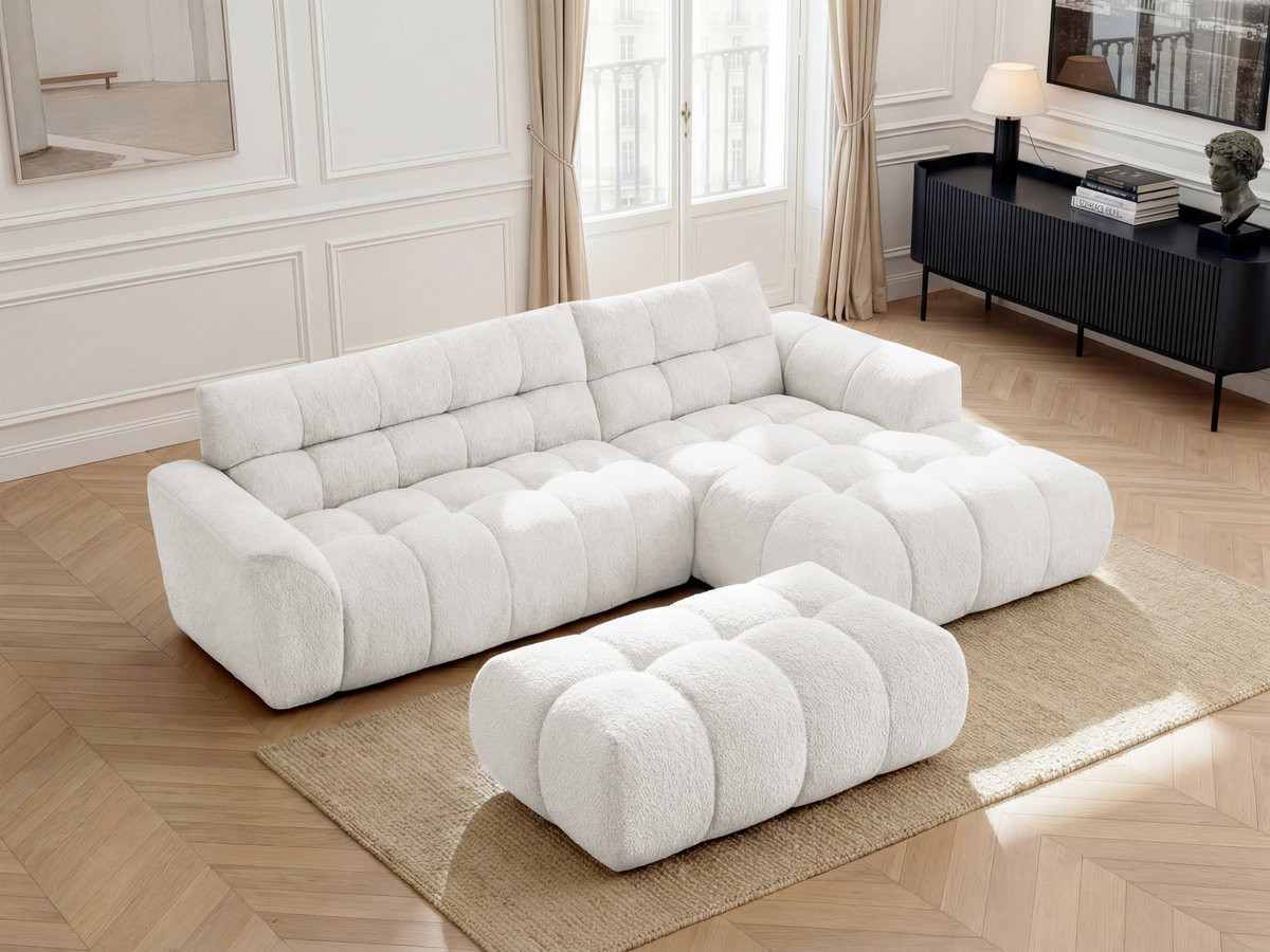 Bobochic Jaya Ecksofa mit Pouf Chenille Weiß Ecke rechts