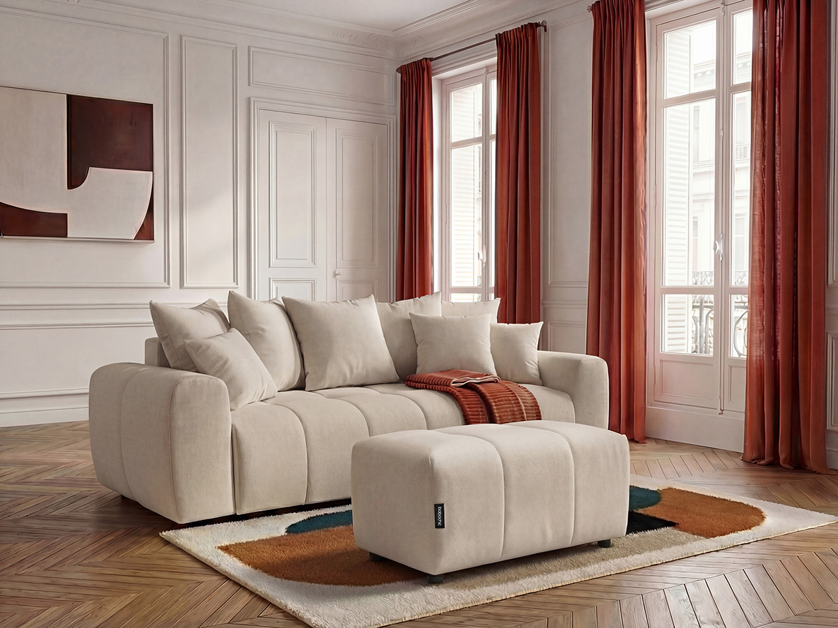 Bobochic Roxelane Schlafsofa 3-Sitzer mit Bettkasten und Pouf Melange-Stoff Beige