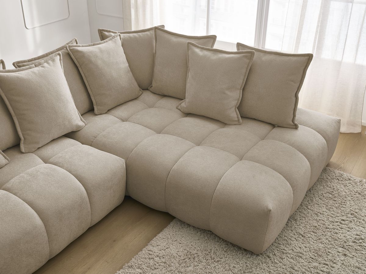Bobochic Everest Ecksofa mit Schlaffunktion und Bettkasten 320 × 212 cm, 10 Kissen Strukturstoff Taupe Ecke rechts