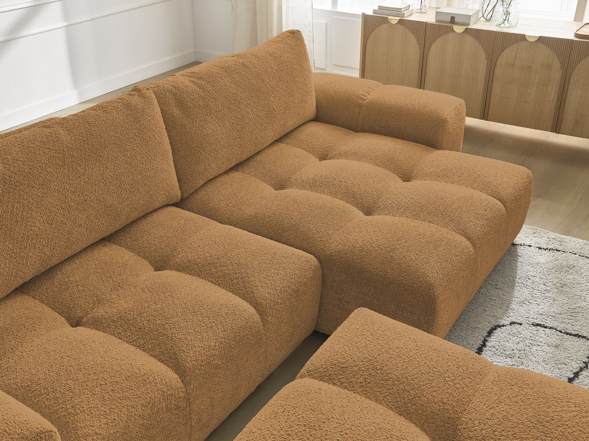 Bobochic Anakin Ecksofa mit Schlaffunktion und Bettkasten und Pouf, 2 Kissen Bouclé-Stoff Gelb