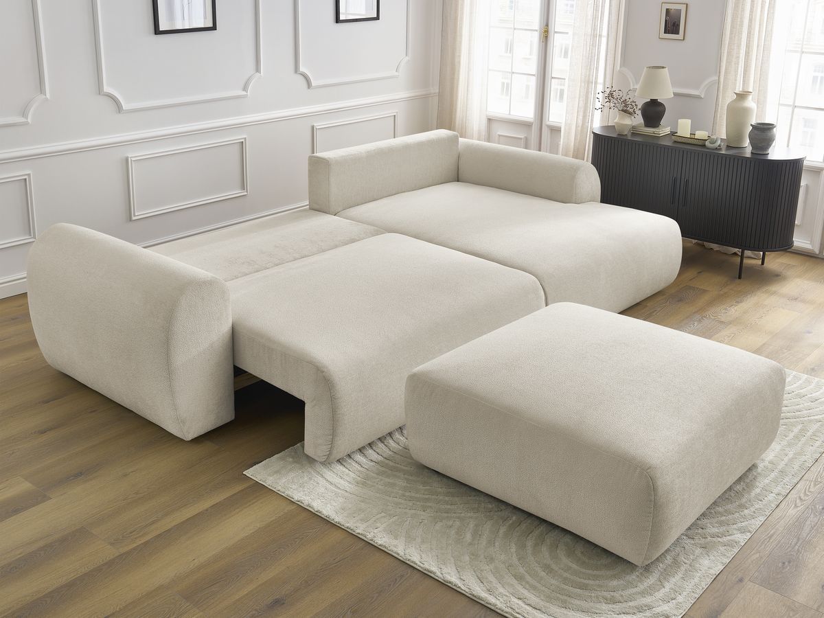 Bobochic Lucien Ecksofa mit Schlaffunktion und Bettkasten und Pouf 314 × 167 cm Stoff Beige Ecke rechts