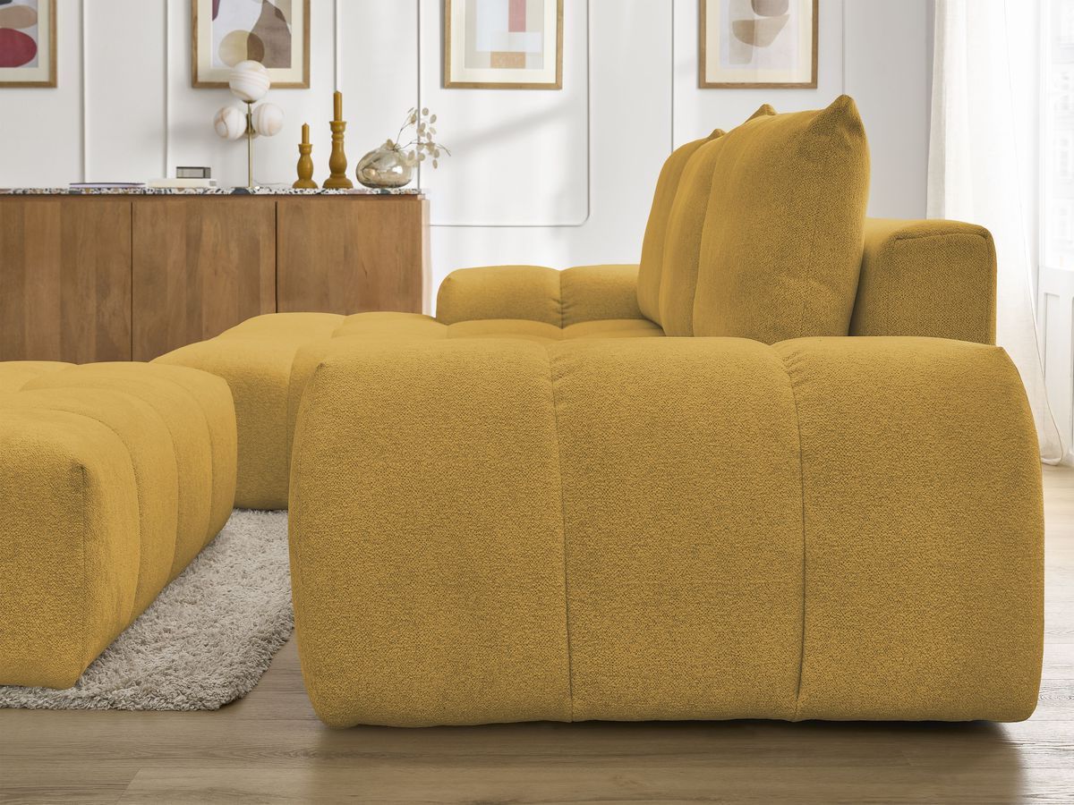 Bobochic Everest Ecksofa mit Schlaffunktion und Bettkasten und Pouf 318 × 180 cm, 3 Kissen Melange-Stoff Gelb Ecke links