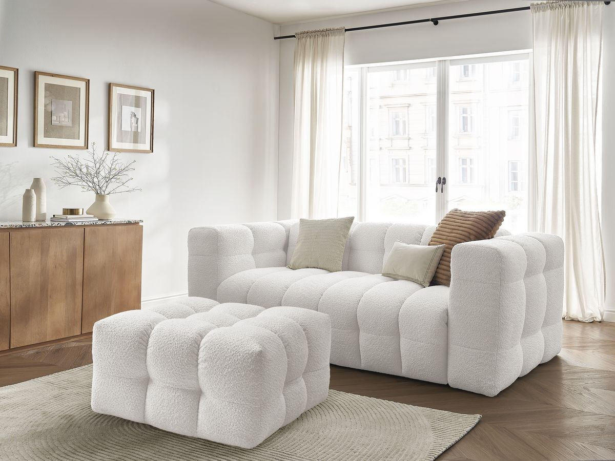 Bobochic Cloud Schlafsofa 3-Sitzer mit Pouf Bouclé-Stoff Weiß