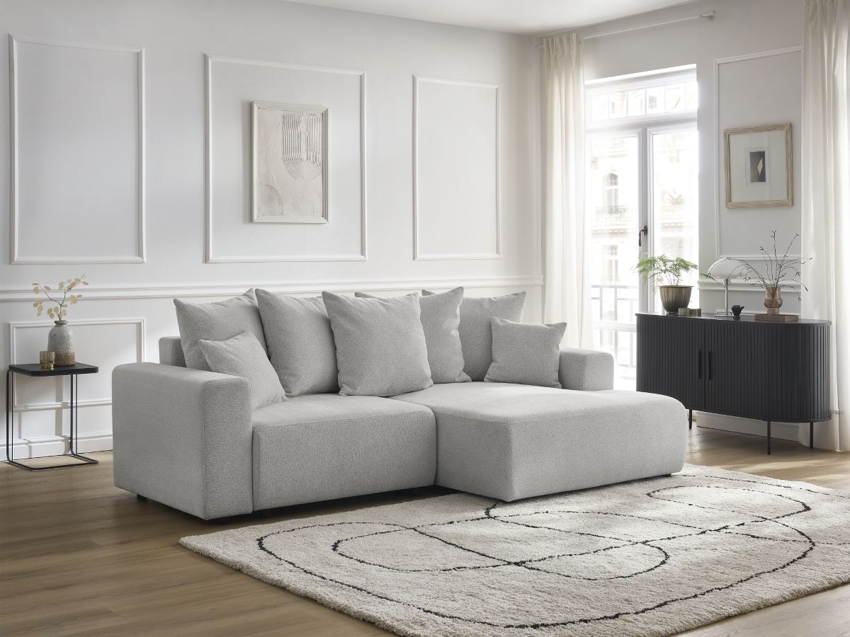 Bobochic Atilla Ecksofa mit Schlaffunktion und Bettkasten Melange-Stoff Hellgrau Ecke rechts