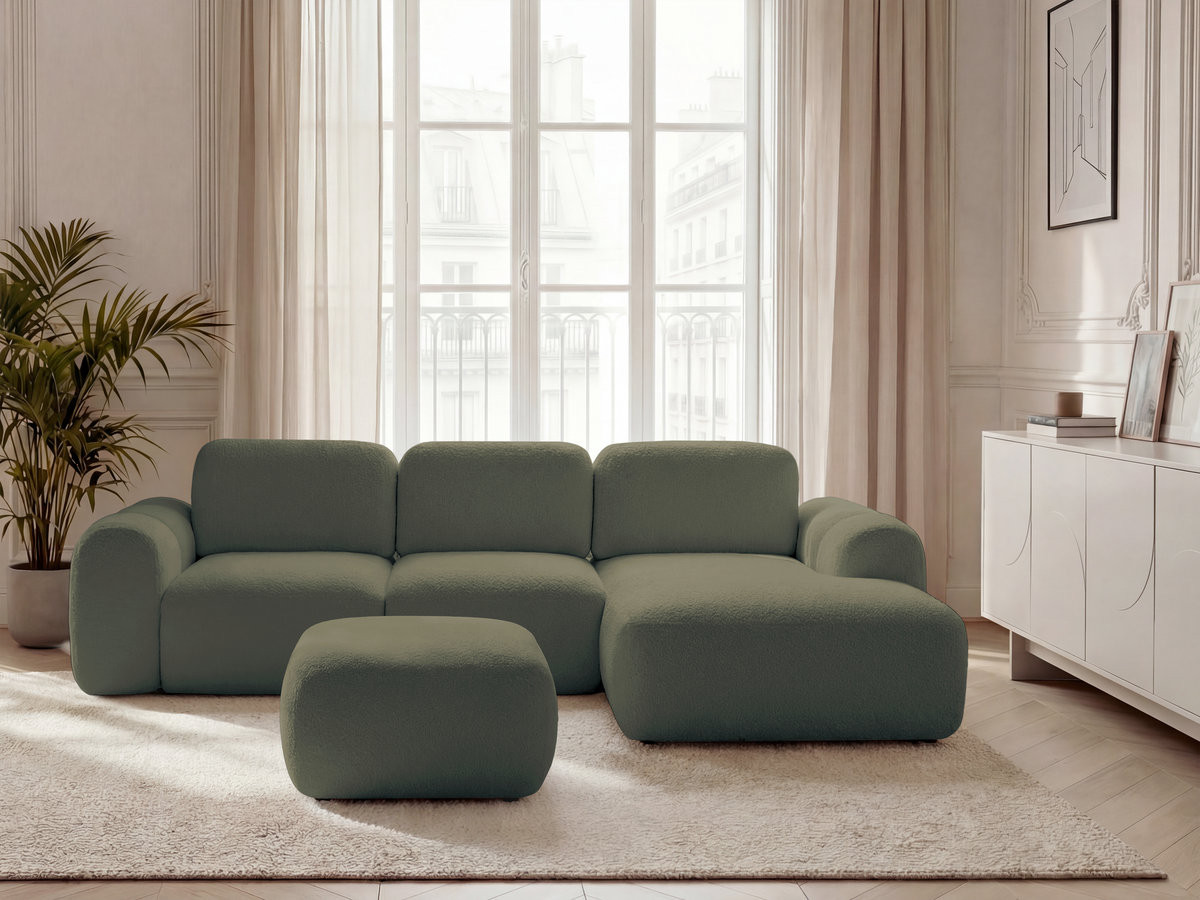 Bobochic Montaigne Ecksofa mit Schlaffunktion und Bettkasten und Pouf 276 × 164 cm Bouclé-Stoff Grün Ecke rechts
