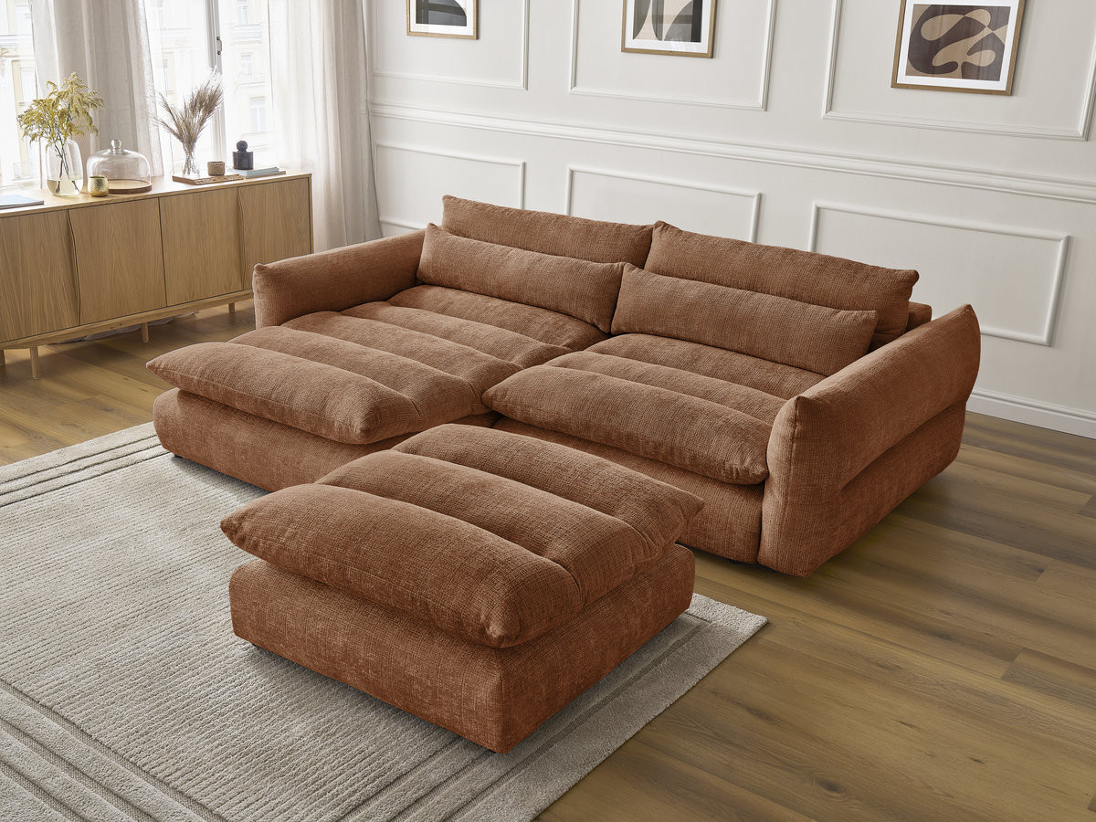 Bobochic Neil Ecksofa mit Pouf Strukturstoff Orange Ecke links