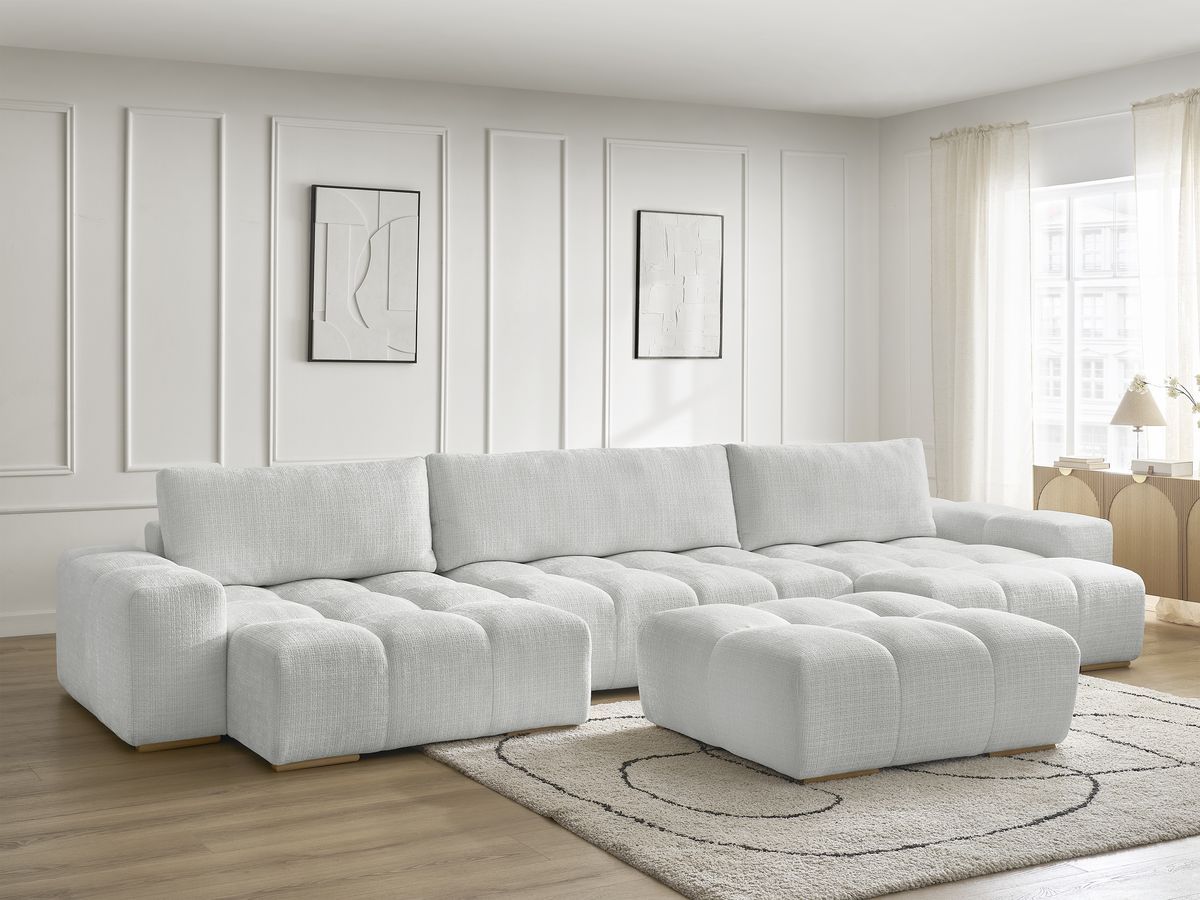 Bobochic Anakin Wohnlandschaft mit Pouf, 3 Kissen Strukturstoff Hellgrau