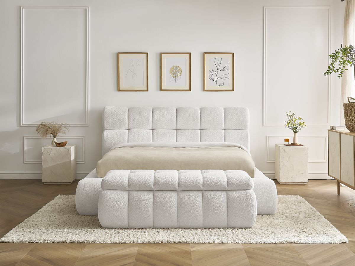 Bobochic Mont-blanc Polsterbett mit Bettkasten mit Bettbank Bouclé-Stoff Weiß, Liegefläche 180 × 200 cm
