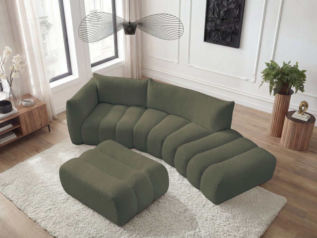 Bobochic Azra Ecksofa mit Pouf 325 × 112 cm Bouclé-Stoff Grün Ecke links
