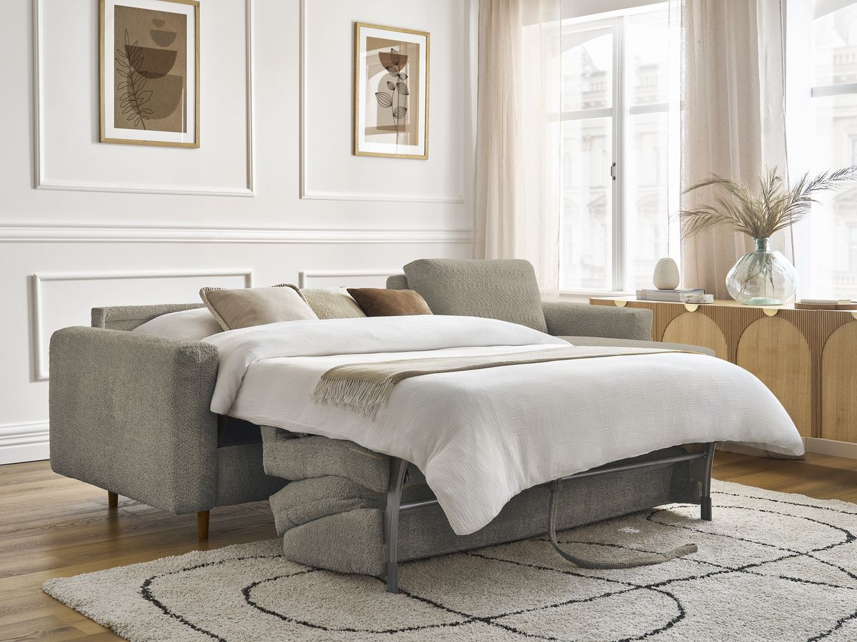 Bobochic Cocoone Ecksofa mit Schlaffunktion und Bettkasten Bouclé-Stoff Taupe, Liegefläche 140 × 200 cm