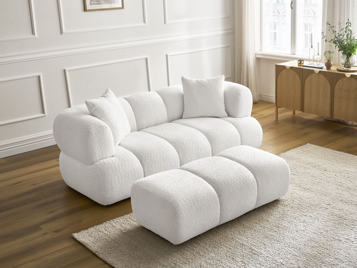 Bobochic Pamira Sofa 2-Sitzer mit Pouf Bouclé-Stoff Weiß