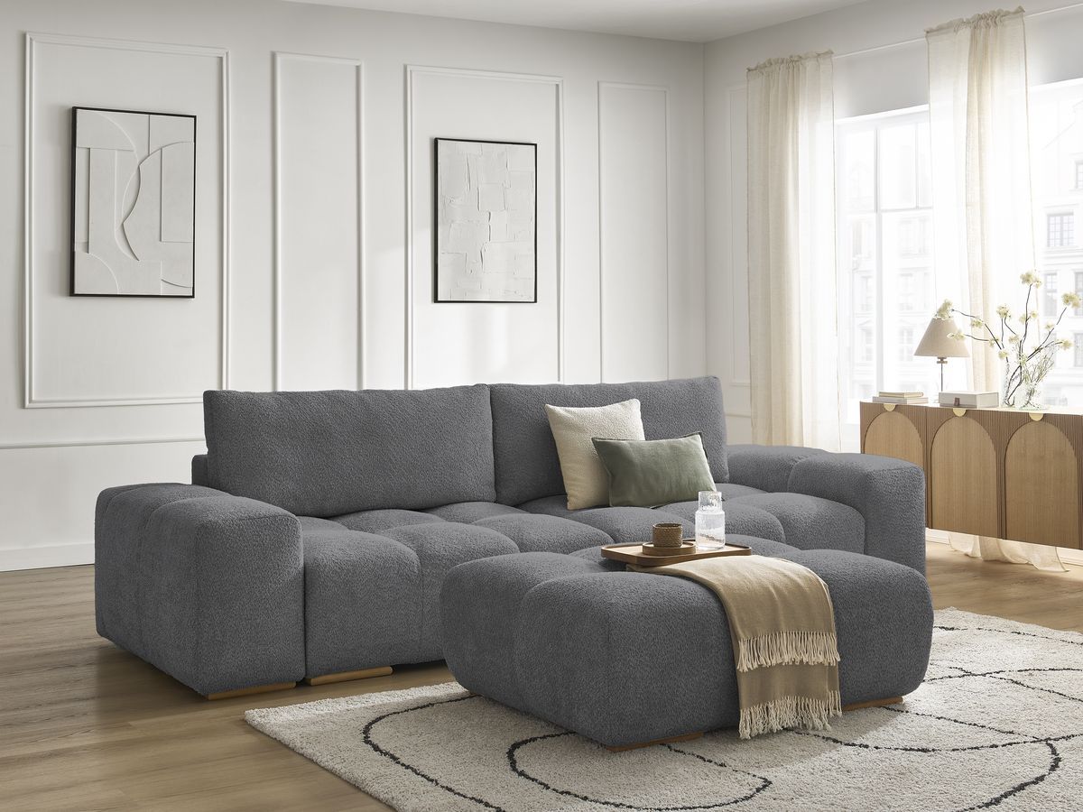 Bobochic Anakin Schlafsofa 3-Sitzer mit Bettkasten und Pouf, 2 Kissen Bouclé-Stoff Dunkelgrau