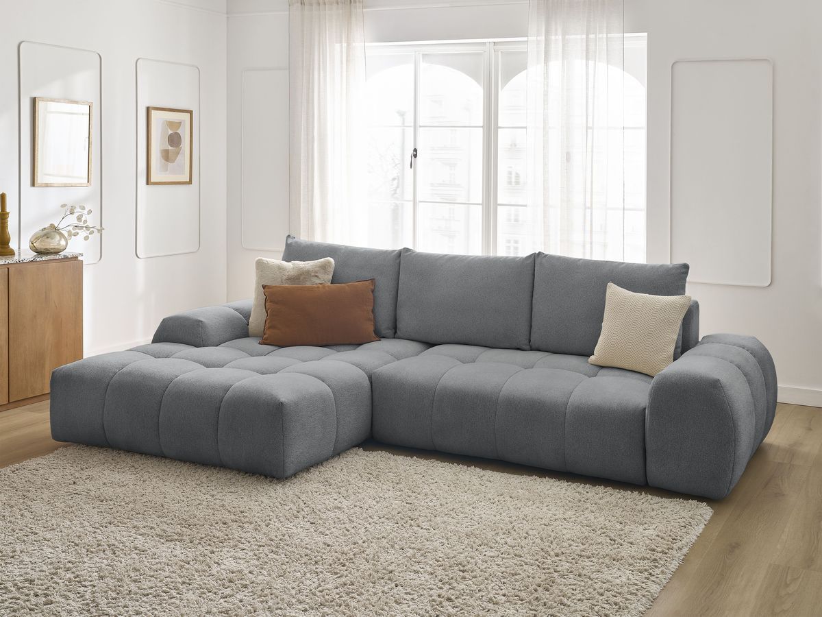 Bobochic Everest Ecksofa mit Schlaffunktion und Bettkasten 318 × 180 cm, 3 Kissen Melange-Stoff Dunkelgrau Ecke links