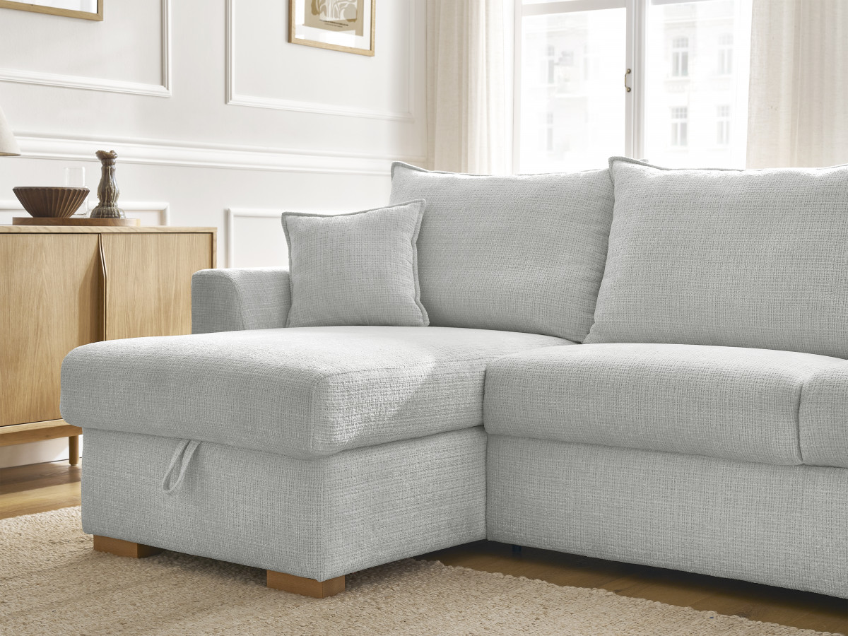 Bobochic Augustin Ecksofa mit Schlaffunktion und Bettkasten Strukturstoff Hellgrau, Liegefläche 140 × 200 cm