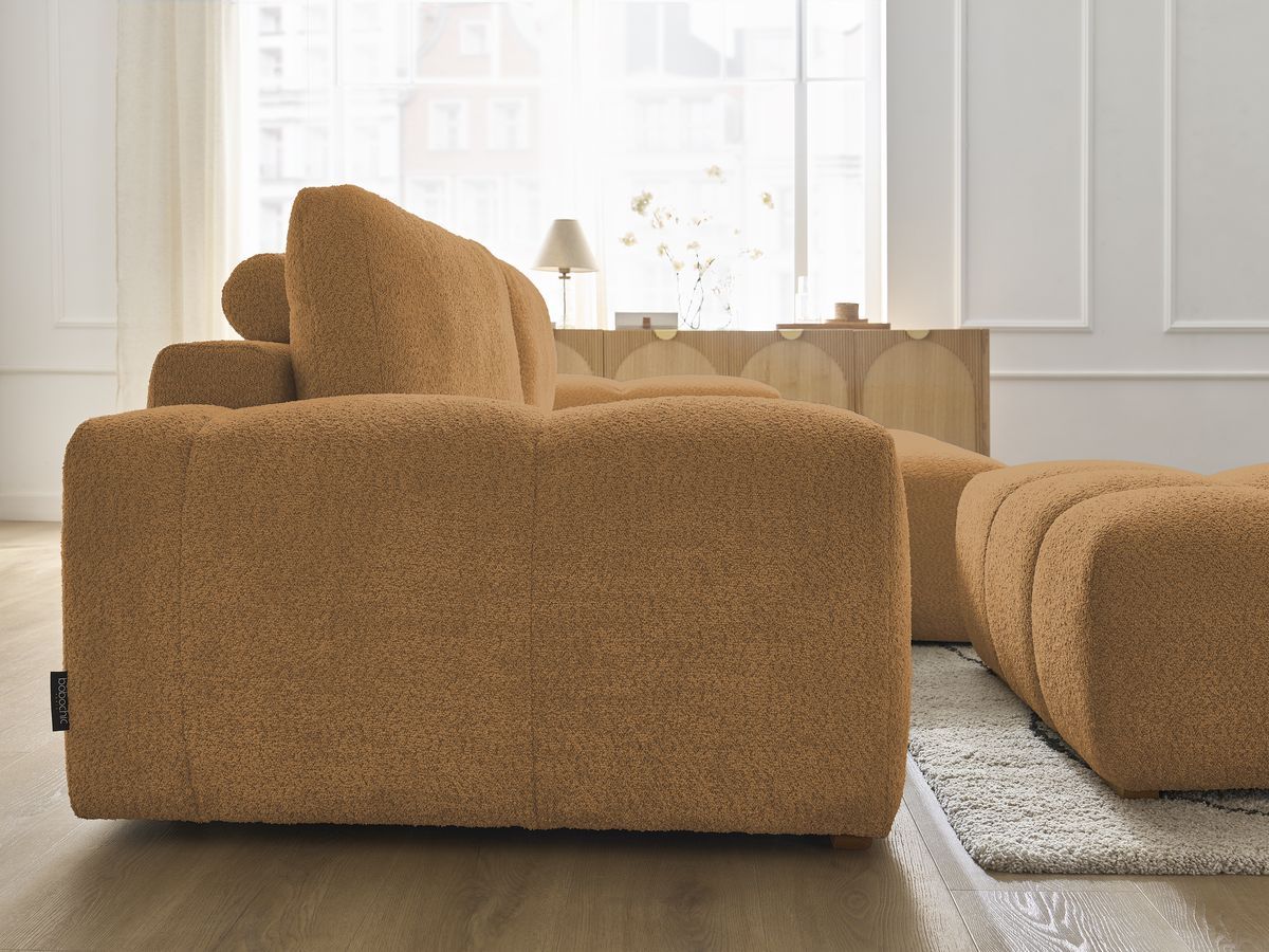 Bobochic Anakin Ecksofa mit Schlaffunktion und Bettkasten und Pouf, 2 Kissen Bouclé-Stoff Gelb