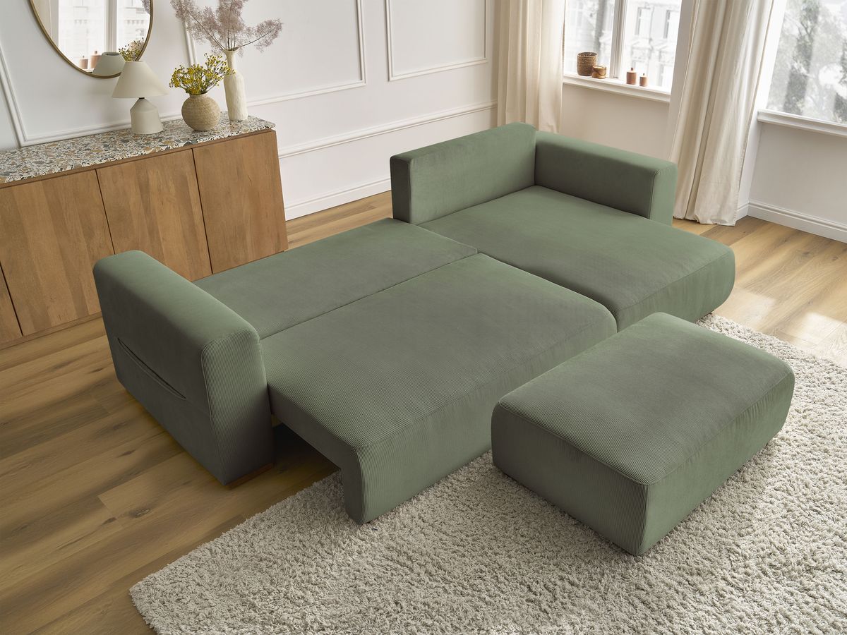 Bobochic Sidonie Ecksofa mit Schlaffunktion und Bettkasten und Pouf Cordsamt Grün