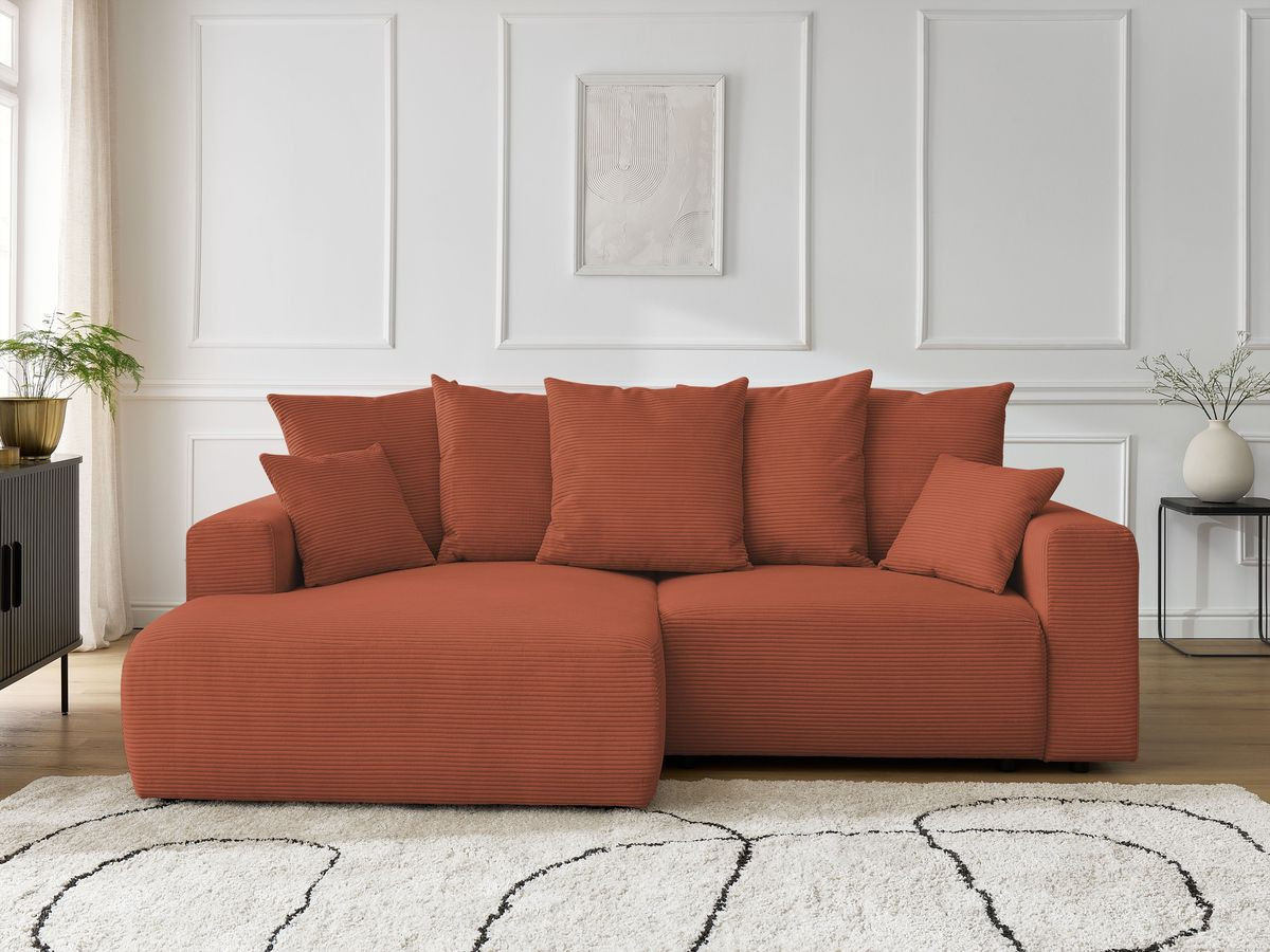 Bobochic Atilla Ecksofa mit Schlaffunktion und Bettkasten Cordsamt Orange Ecke links
