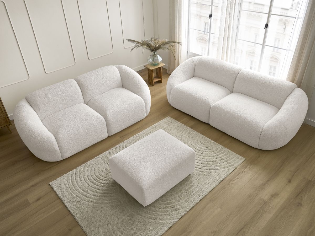 Bobochic Tina Sofa 6-Sitzer mit Pouf Bouclé-Stoff Weiß