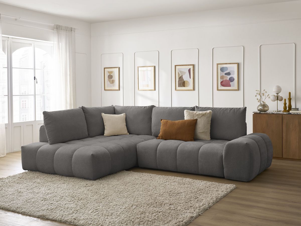 Bobochic Everest Ecksofa mit Schlaffunktion und Bettkasten 320 × 212 cm, 5 Kissen Strukturstoff Dunkelgrau Ecke links