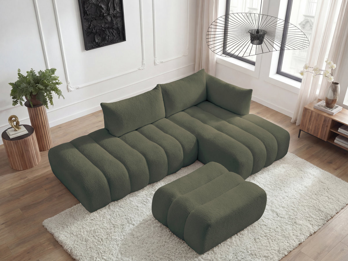 Bobochic Azra Ecksofa mit Pouf 319 × 178 cm Bouclé-Stoff Grün Ecke rechts