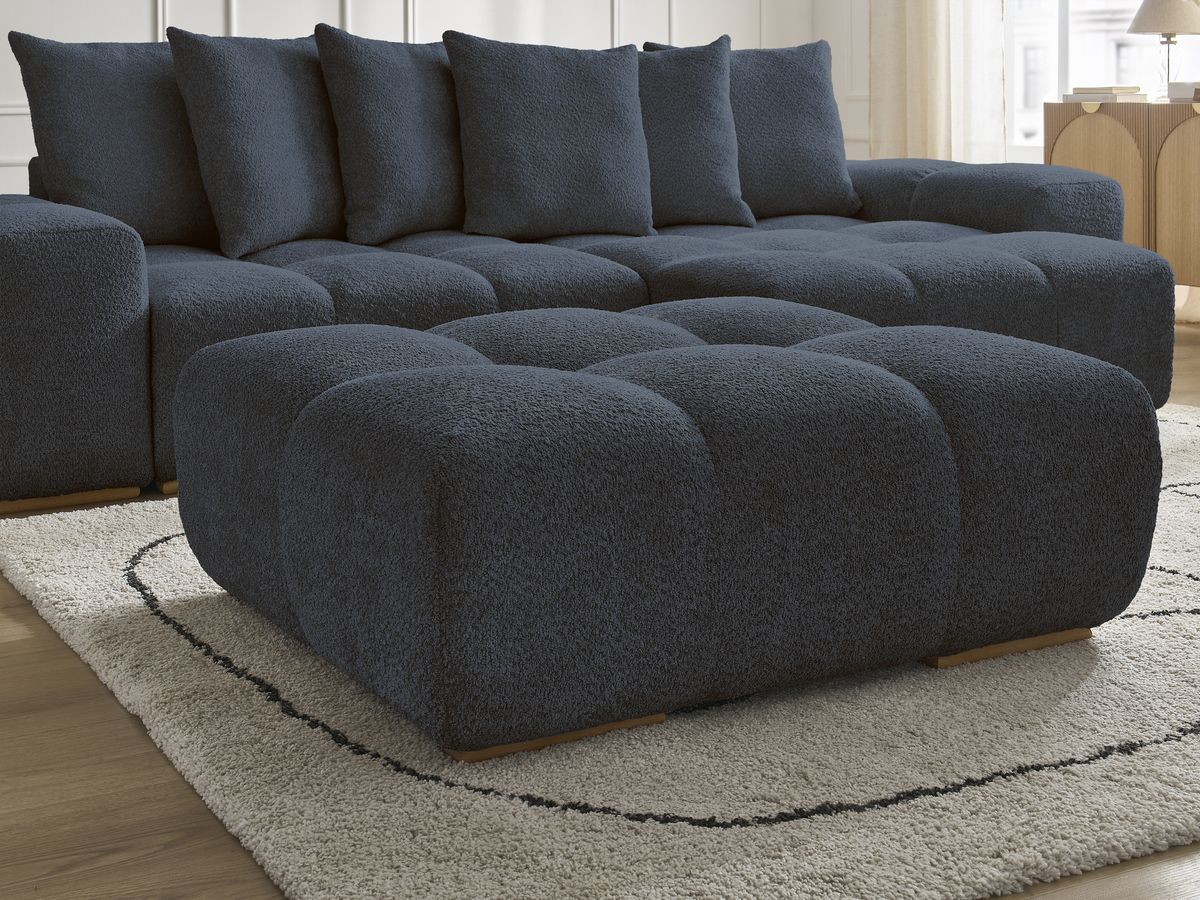 Bobochic Anakin Ecksofa mit Schlaffunktion und Bettkasten und Pouf, 6 Kissen Bouclé-Stoff Dunkelblau