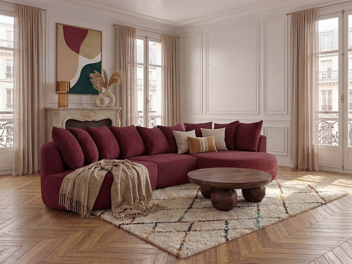 Bobochic Calypso Ecksofa Bouclé-Stoff Bordeaux Ecke rechts