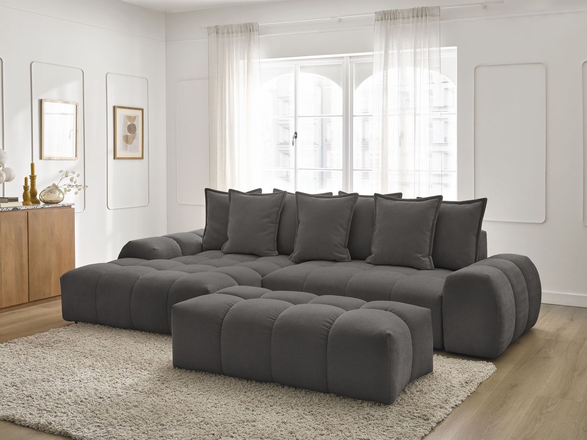 Bobochic Everest Ecksofa mit Schlaffunktion und Bettkasten und Pouf 318 × 180 cm, 7 Kissen Strukturstoff Dunkelgrau Ecke links