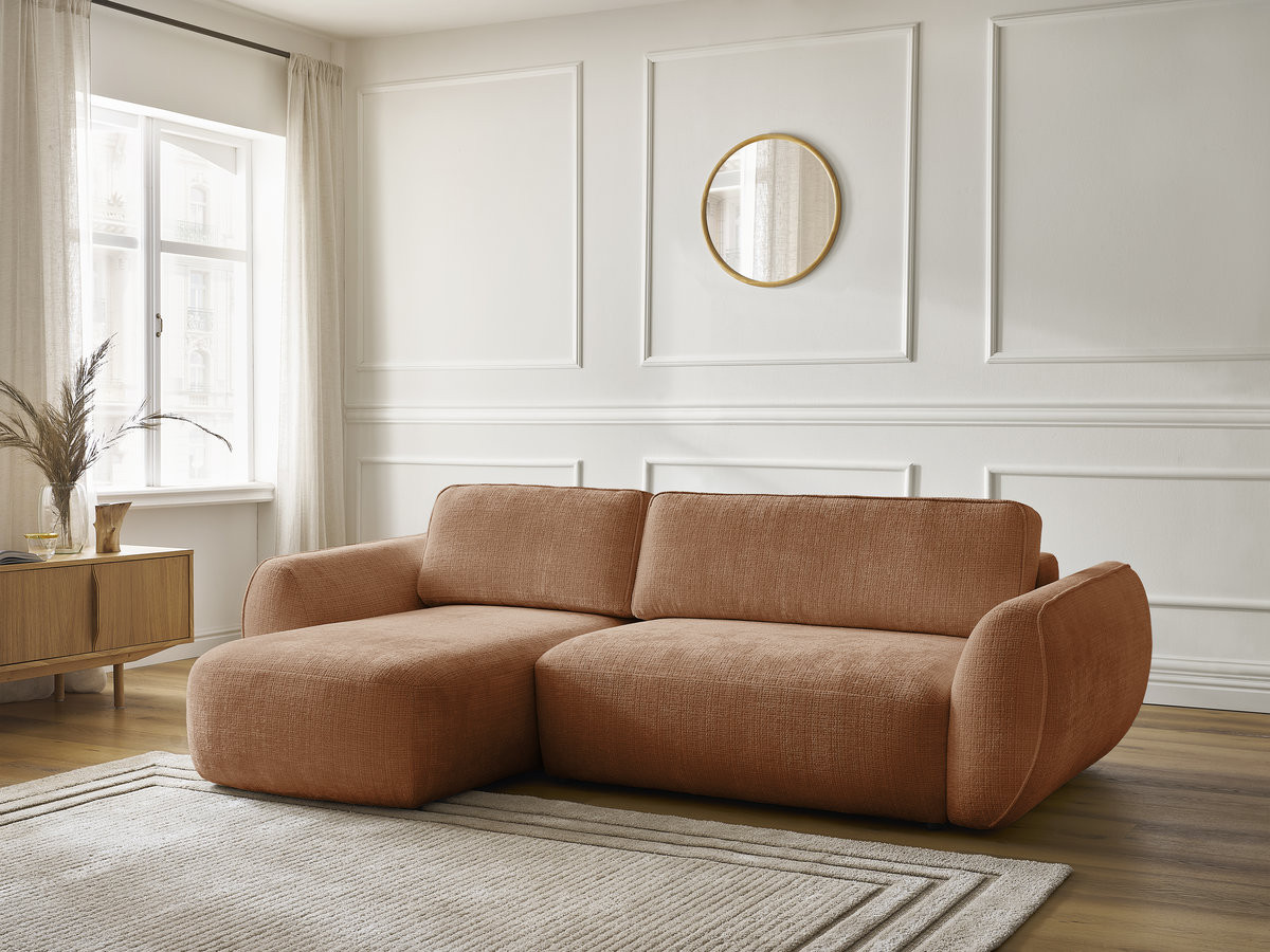 Bobochic Denise Ecksofa mit Schlaffunktion und Bettkasten 258 × 160 cm Strukturstoff Orange Ecke links