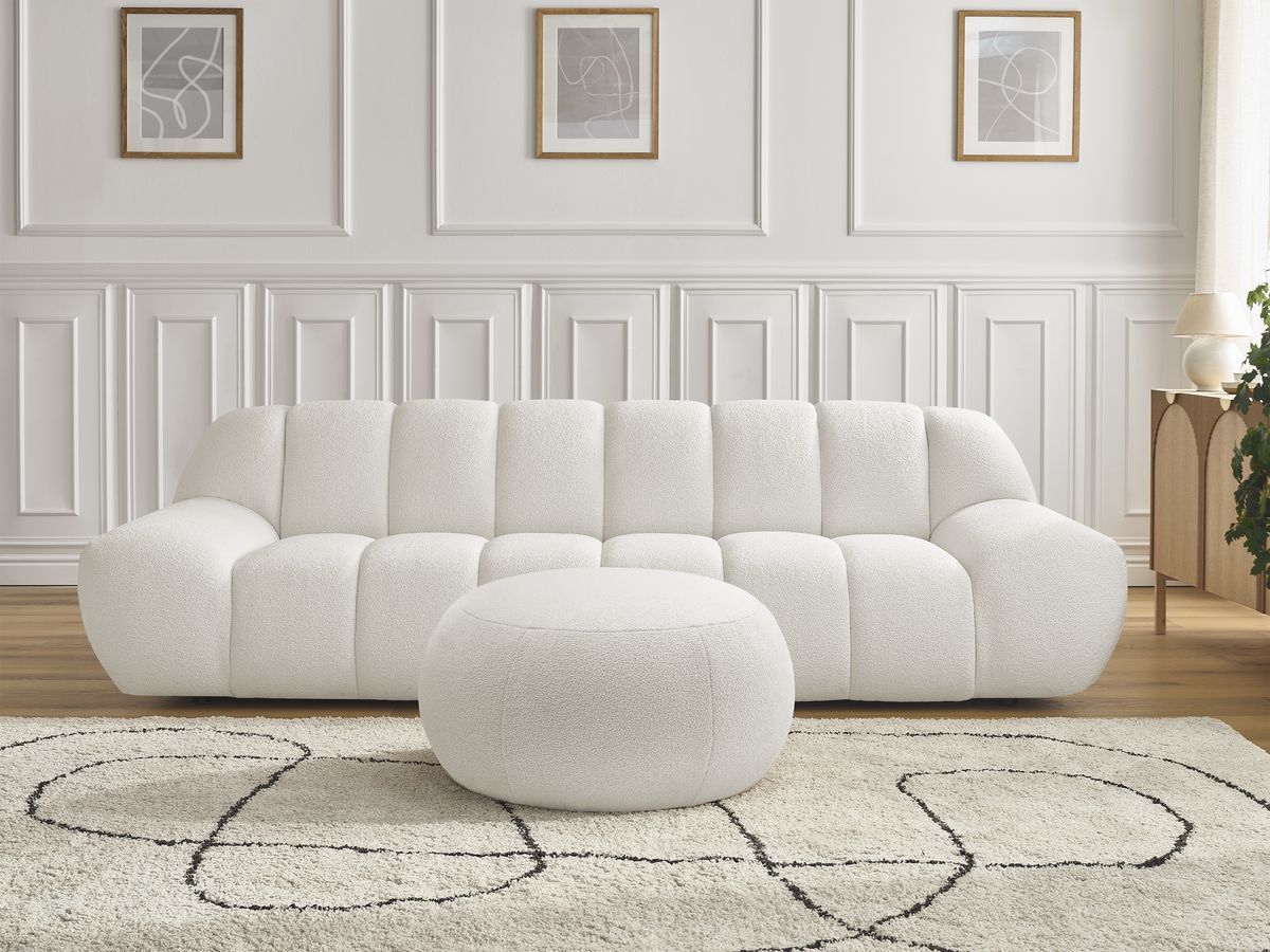 Bobochic Hayden Sofa 4-Sitzer mit Pouf Bouclé-Stoff Weiß