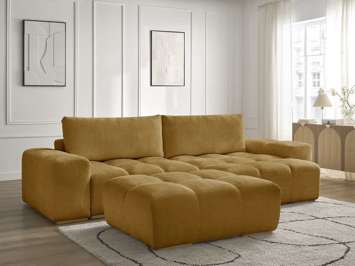 Bobochic Anakin Ecksofa mit Pouf, 2 Kissen Strukturstoff Gelb