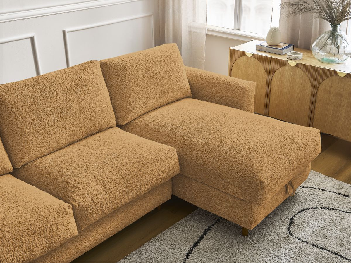 Bobochic Cocoone Ecksofa mit Schlaffunktion und Bettkasten Bouclé-Stoff Gelb, Liegefläche 140 × 200 cm