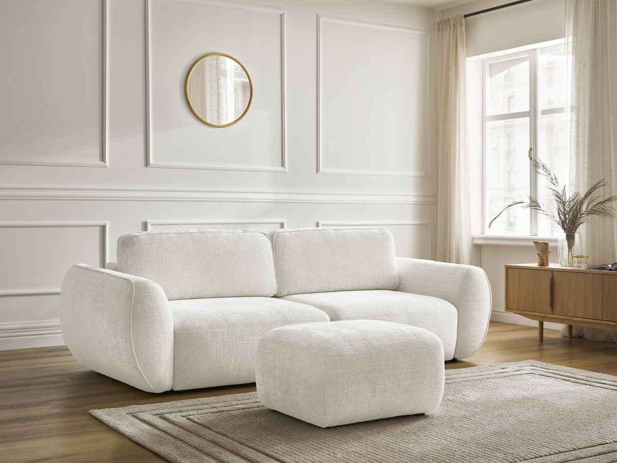 Bobochic Denise Schlafsofa 3-Sitzer mit Bettkasten und Pouf Strukturstoff Weiß