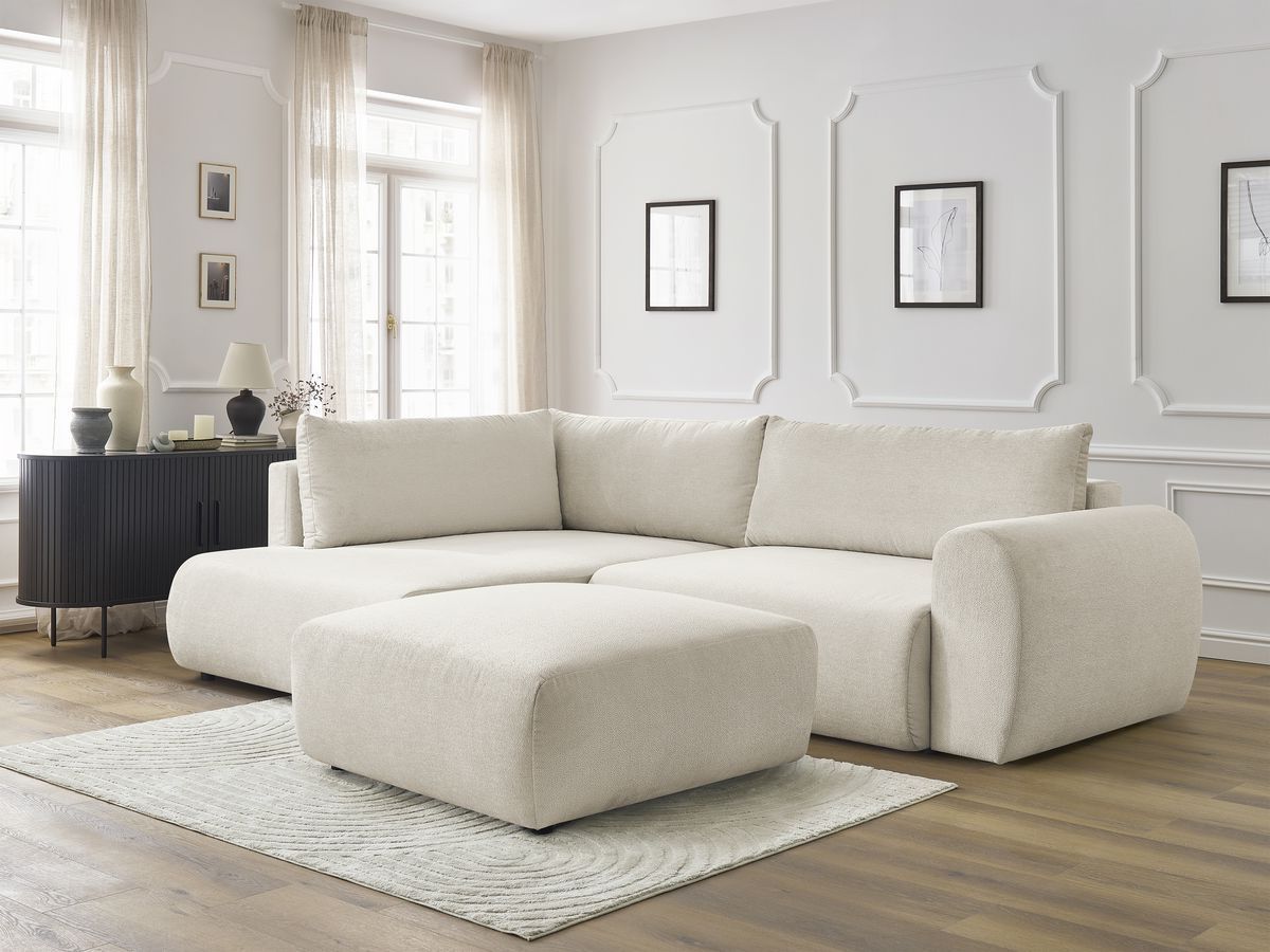 Bobochic Lucien Ecksofa mit Schlaffunktion und Bettkasten und Pouf 296 × 198 cm Stoff Beige Ecke links