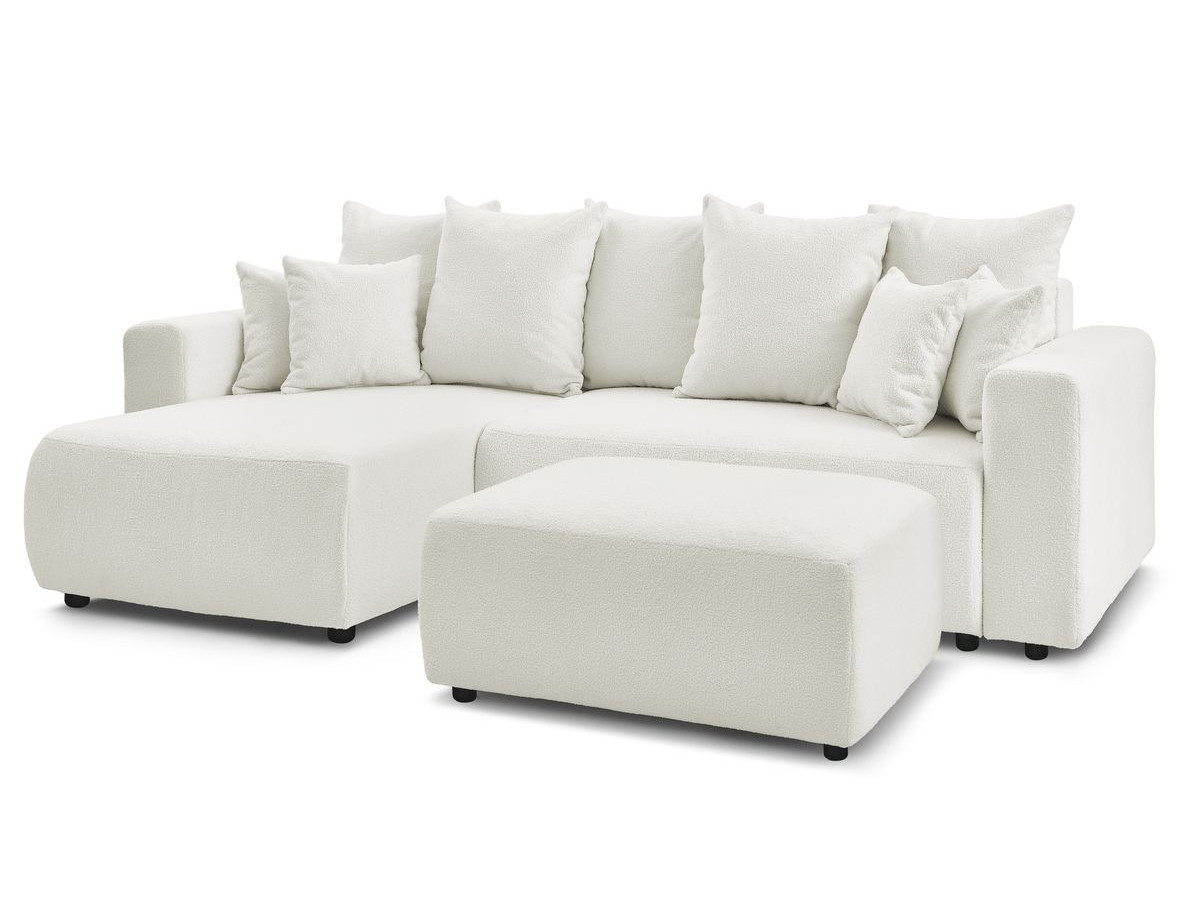 Bobochic Envy Ecksofa mit Schlaffunktion und Bettkasten und rechteckigem Pouf Bouclé-Stoff Weiß