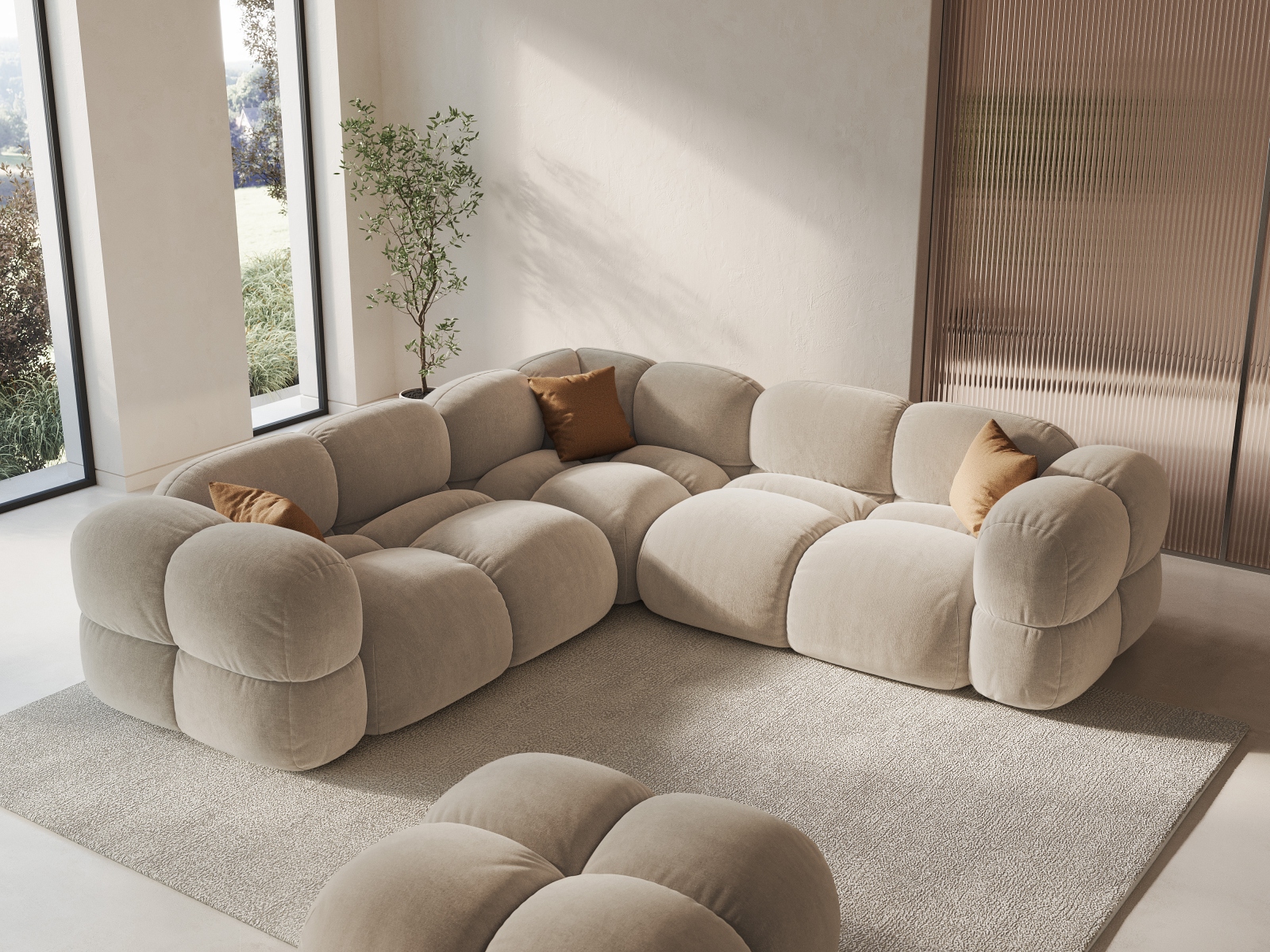 Cosmopolitan Design Symmetrisches Ecksofa Loretto 4-Sitzer Samt Vogue Helles Beige