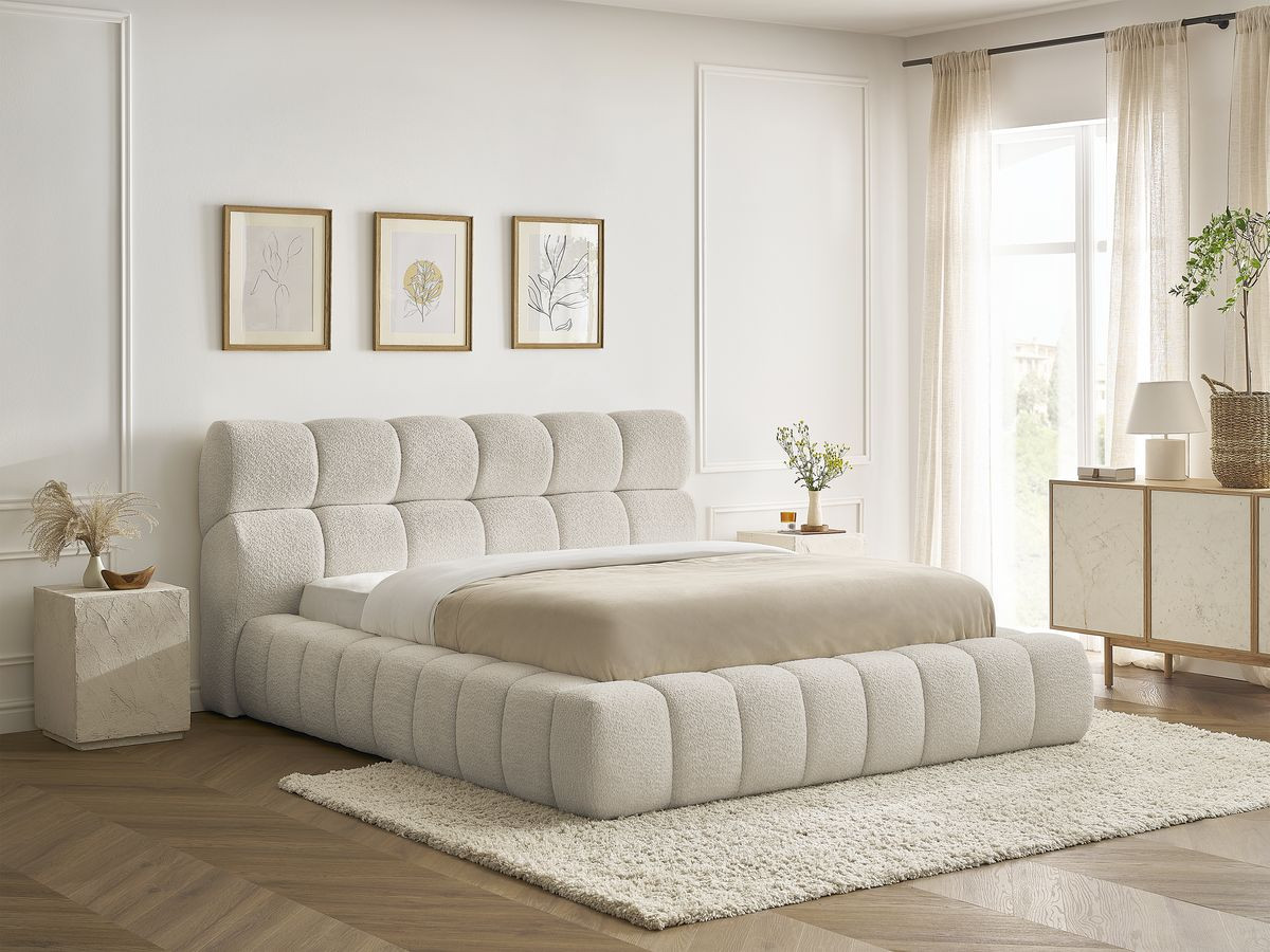 Bobochic Mont-blanc Polsterbett mit Bettkasten Bouclé-Stoff Beige, Liegefläche 140 × 190 cm