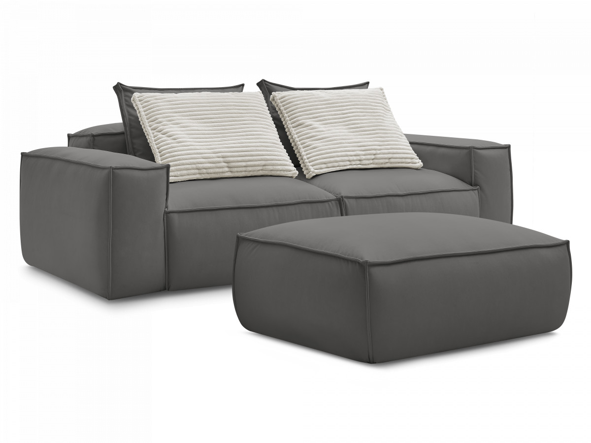 Bobochic Boheme Sofa 4-Sitzer mit Pouf Kunstleder Dunkelgrau