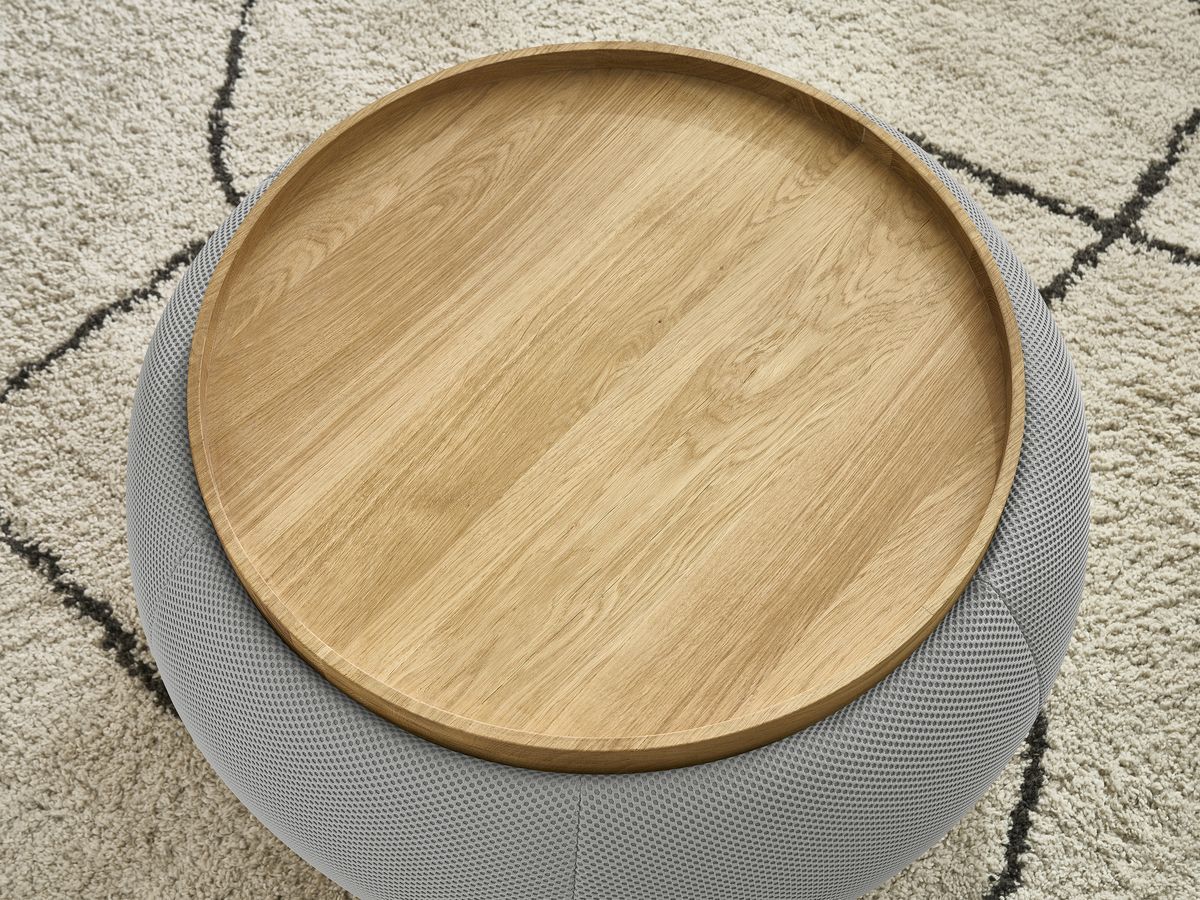 Bobochic Hayden Pouf mit Tablett, rund Mesh-Stoff Hellgrau, 77 cm
