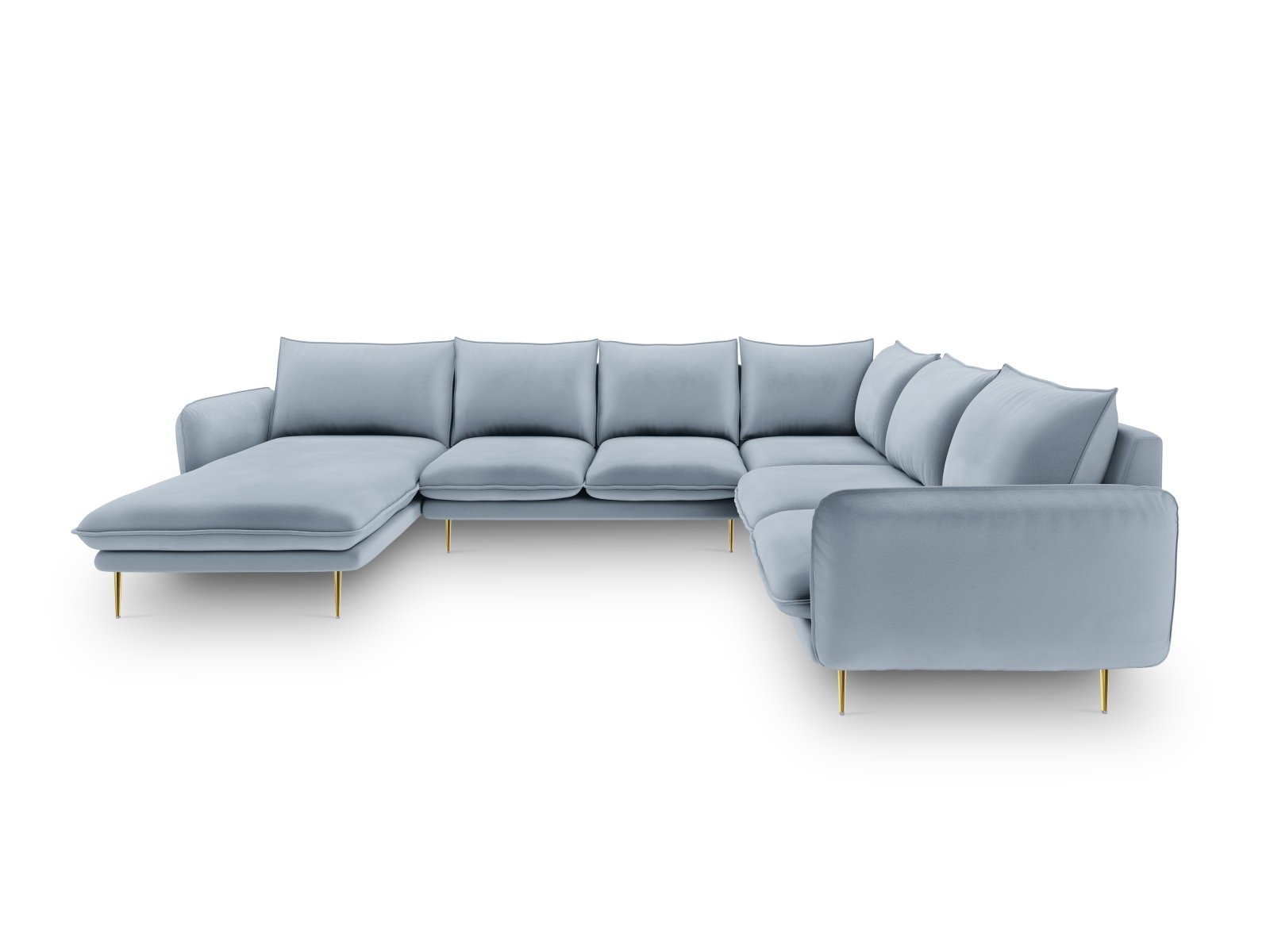 Cosmopolitan Design Panoramasofa Vienna 7-Sitzer Samt Bluvel Hellblau Rechts Beine Gold